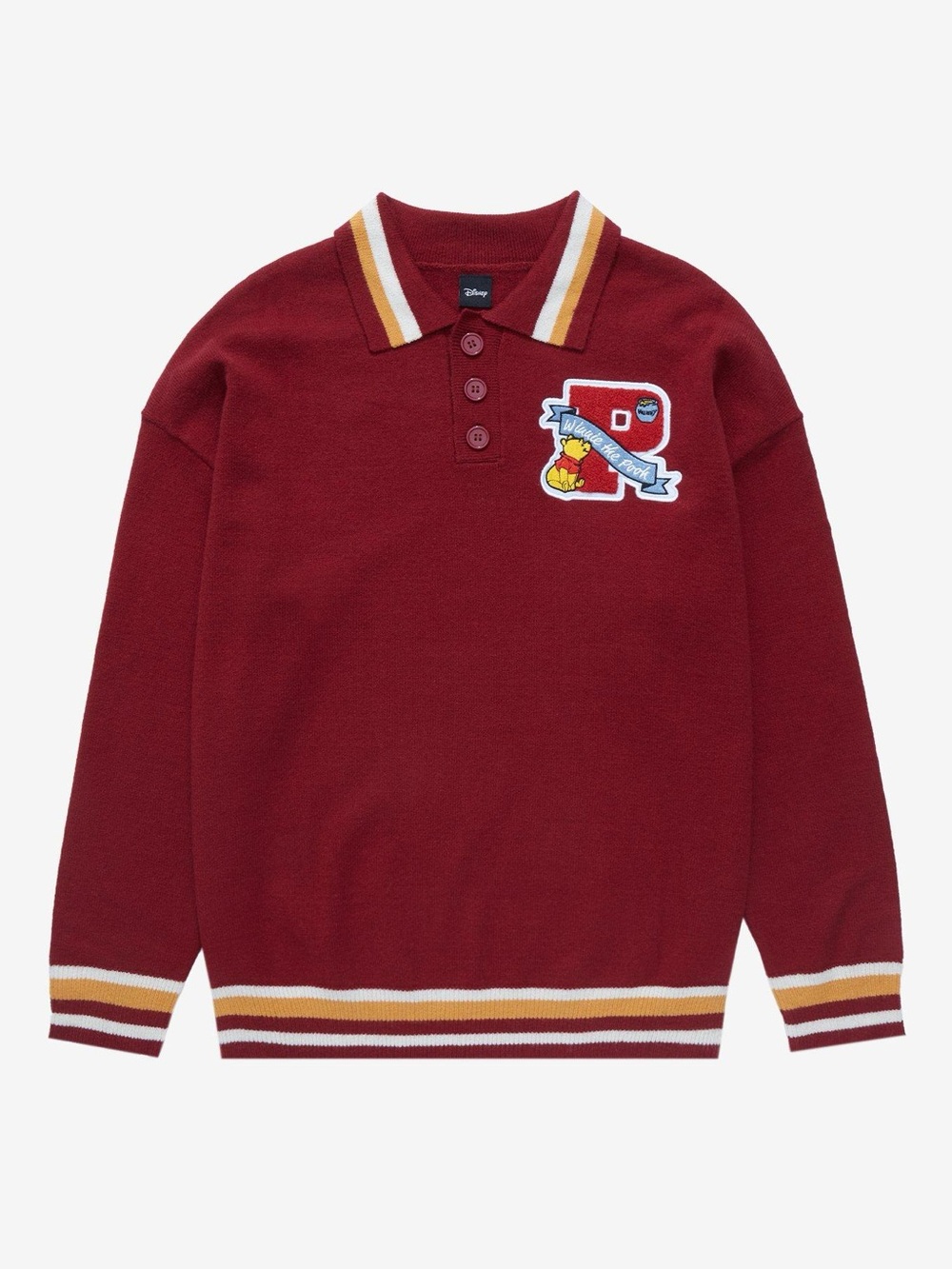 Disney Winnie The Pooh Burgundy V-Neck Polo Sweater with Varsity Patch
